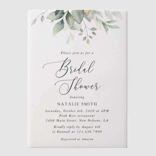 Grünpflanzen, Eukalyptus-Blätter, Boho, Brautparty Pergament Einladungen (Vorderseite)