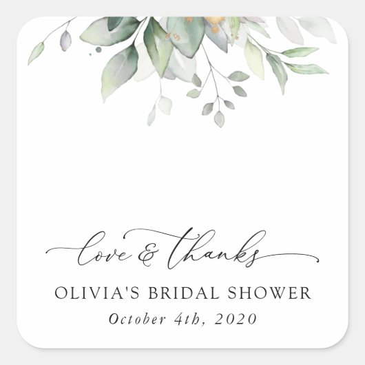 Grünpflanzen, Eukalyptus-Blätter, Boho, Brautparty Quadratischer Aufkleber (Vorderseite)