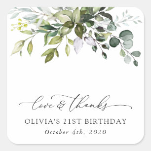 Grünpflanzen, Eukalyptus-Blätter, Boho, Geburtstag Quadratischer Aufkleber