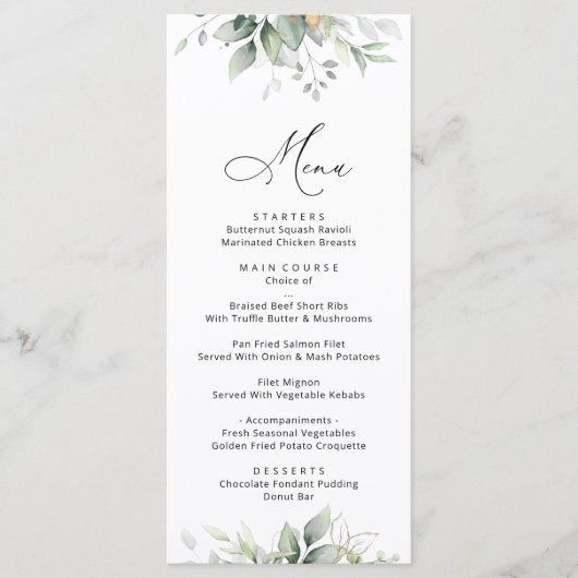 Grünpflanzen, Eukalyptus-Blätter, Boho, Hochzeitsm Menükarte (Vorderseite)