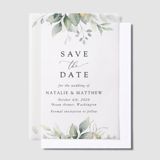 Grünpflanzen, Eukalyptus-Blätter, Botanische Hochz Pergament Einladungen (Versetzt)