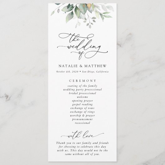 Grünpflanzen, Eukalyptus-Blätter, Hochzeitsprogram Programm (Vorderseite)