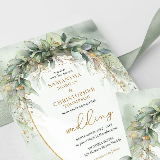 Grünpflanzen Eukalyptus Blattgold Hochzeit Einladung