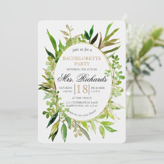 Grünpflanzen & Gold Leaf Junggeselinnen-Abschied E Einladung (Stehend Vorderseite)