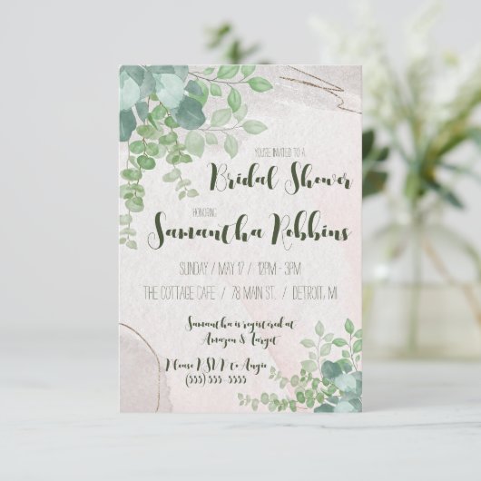 Grünpflanzen, Gold und Elfenbein-Brautparty Einladung (Stehend Vorderseite)