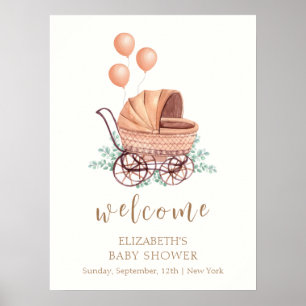 Grünpflanzen Kinderwagen Ballon Babyparty Willkomm Poster