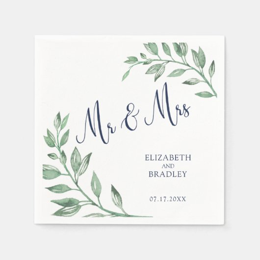 Grünpflanzen | Navy Blue Script Mr. and Mrs. | Hoc Serviette (Vorderseite)