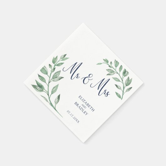 Grünpflanzen | Navy Blue Script Mr. and Mrs. | Hoc Serviette (Ecke)