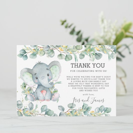 Grünpflanzen Niedlich Elephant Baby Duwer Gender N Dankeskarte (Stehend Vorderseite)