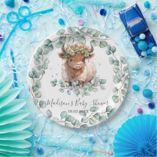 Grünpflanzen Niedlich Hochland Kuh Baby Dusche Geb Pappteller (Party)