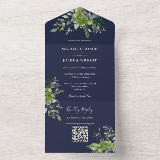 Grünpflanzen QR Code Moderne Navy Blue Wedding All In One Einladung (Innen Boden)