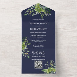 Grünpflanzen QR Code Moderne Navy Blue Wedding All In One Einladung