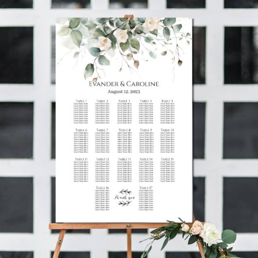 Grünpflanzen & Rose Hochzeitskarte 17 Tische Poster