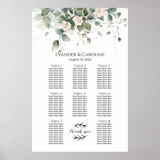 Grünpflanzen & Rose Hochzeitskarte 8 Tische Poster (Vorne)