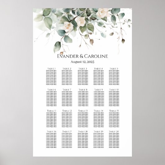 Grünpflanzen & Rose Hochzeitsstichtabelle 20 Tisch Poster (Vorne)
