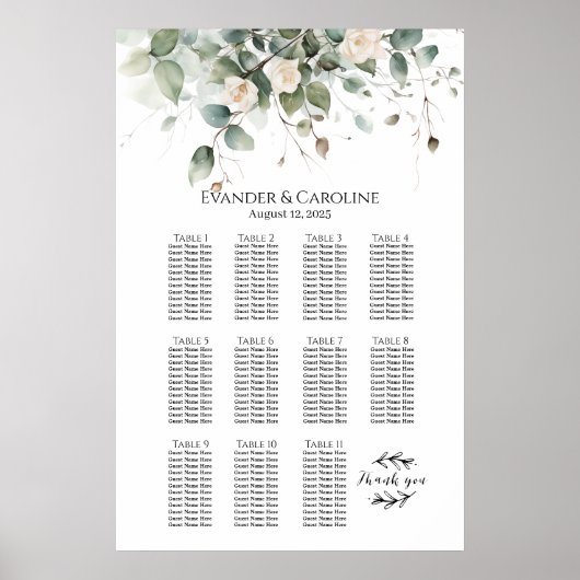 Grünpflanzen & Rose Hochzeitsstift 11 Tische Poster (Vorne)