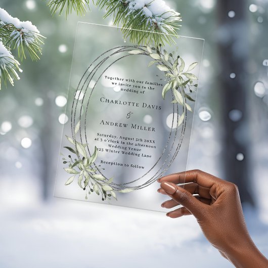 Grünpflanzen silberfarbener Rahmen Hochzeitsfeier Acryleinladungen