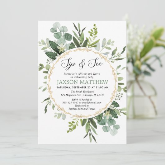 Grünpflanzen Sip and See, Eukalyptus Meet Begrüßun Einladung (Stehend Vorderseite)