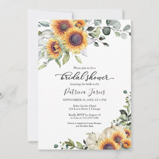 Grünpflanzen Sonnenblumen Pumpkin Fall Brautparty Einladung (Vorderseite)