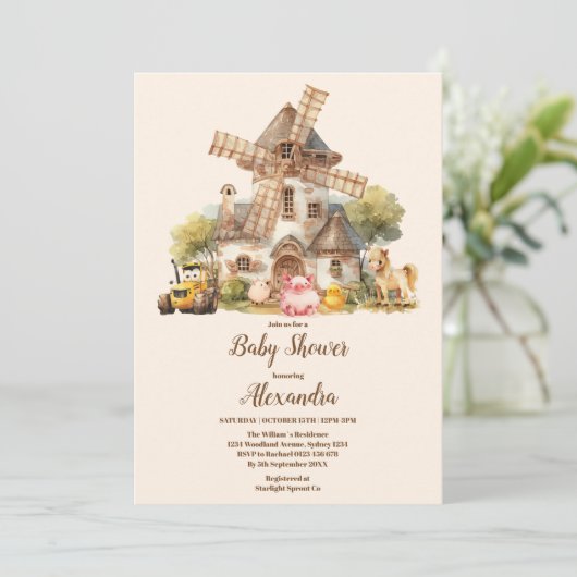 Grünpflanzen Tiere Barnyard Boy Baby Shower Einladung (Stehend Vorderseite)