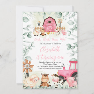 Grünpflanzen Tiere Barnyard Pink Girl Geburtstag Einladung
