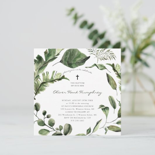 Grünpflanzen | Tropische Blätter Botanische Taufe Einladung (Stehend Vorderseite)