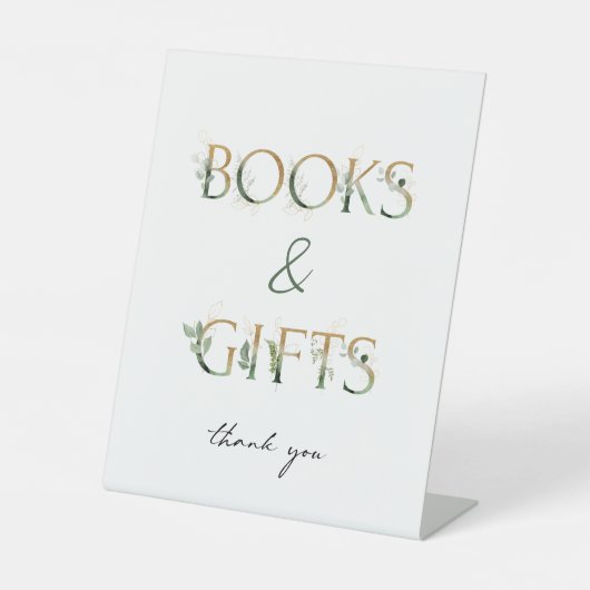 Grünpflanzen und Gold Baby Duschbücher und Geschen Sockelschild (Vorderseite)