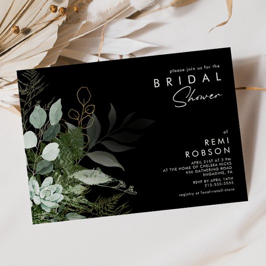 Grünpflanzen und Gold Leaf Black | BRAUTPARTY Einladung