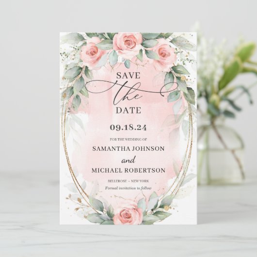 Grünpflanzen und goldfarbene Blume aus rosa Boho Save The Date (Stehend Vorderseite)