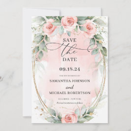 Grünpflanzen und goldfarbene Blume aus rosa Boho Save The Date