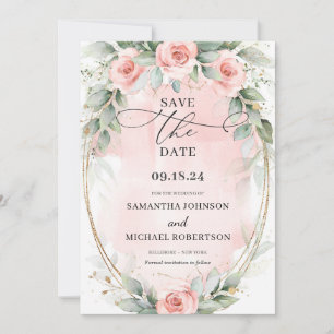 Grünpflanzen und goldfarbene Blume aus rosa Boho Save The Date