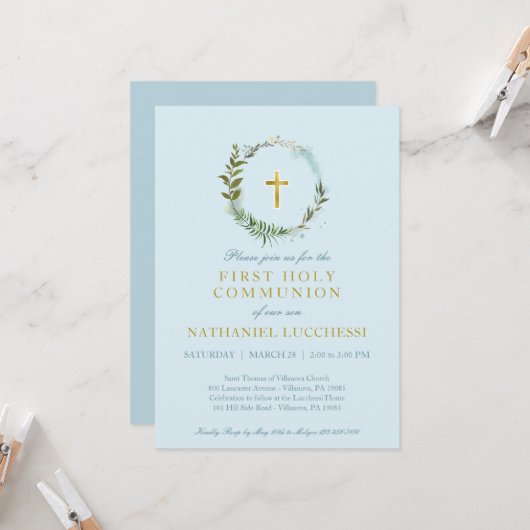 Grünpflanzen und Goldfels Taufe Einladung (Vorderseite/Rückseite Beispiel)