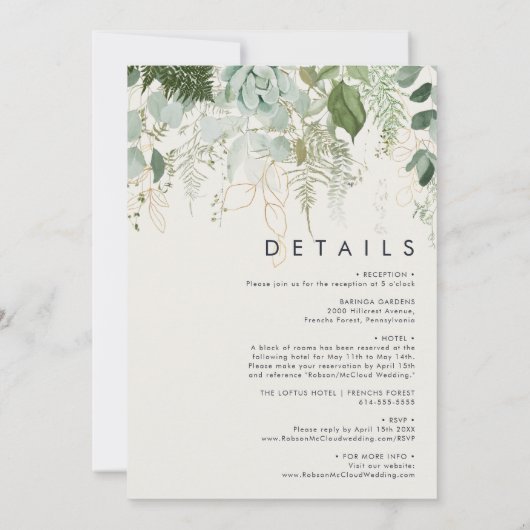 Grünpflanzen und Goldleaf | Alles in einer Hochzei Einladung (Rückseite)
