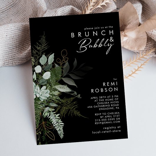 Grünpflanzen und Goldleaf | Black Brunch und Bubbl Einladung