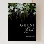 Grünpflanzen und Goldleaf | Black Guest Book Sign Poster<br><div class="desc">Wir haben diese Pflanzen- und Blattgold entworfen | Schwarzes Gästebuchzeichen, um Ihren schlichten und dennoch eleganten boho Empfang zu vervollständigen. Es zeichnet sich durch moderne, grüne und weiße Eukalyptusblätter, Farnfolien, eine prächtige Blume und minimale Blätter aus Goldfolie aus. Diese Elemente geben das Gefühl eines skurrilen, bezaubernden Waldes, perfekt für jede...</div>