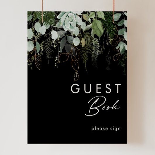 Grünpflanzen und Goldleaf | Black Guest Book Sign Poster