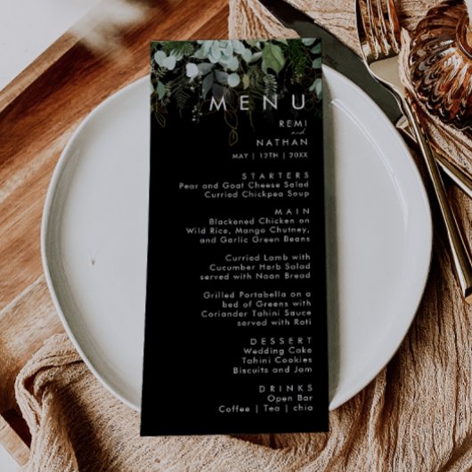 Grünpflanzen und Goldleaf | Black Wedding Dinner M Menükarte