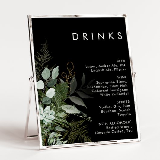 Grünpflanzen und Goldleaf | Black Wedding Drinks M Poster
