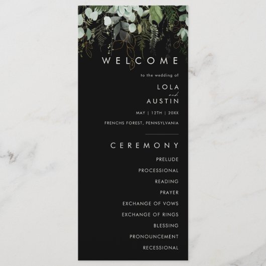 Grünpflanzen und Goldleaf | Black Wedding Program Programm (Vorderseite)