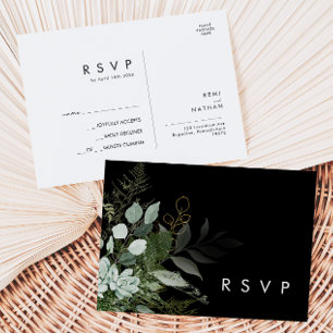 Grünpflanzen und Goldleaf Black Wedding RSVP Postkarte