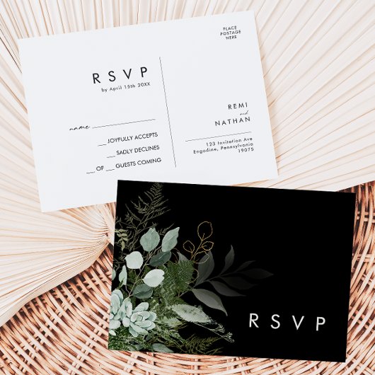 Grünpflanzen und Goldleaf | Black Wedding RSVP Postkarte