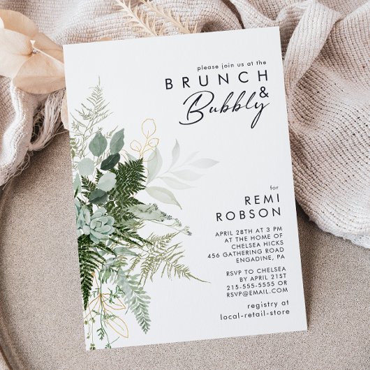 Grünpflanzen und Goldleaf Brunch und Bubbly Einladung