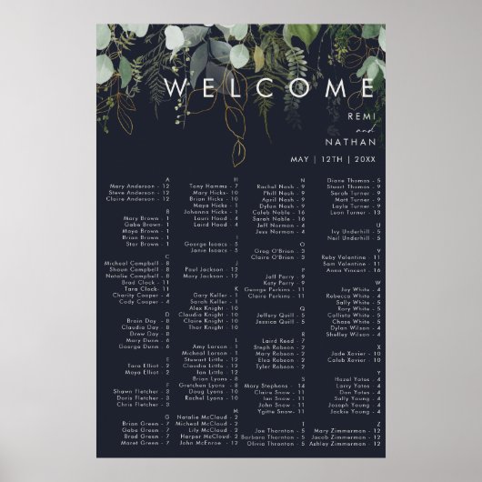Grünpflanzen und Goldleaf | Dark Navy Alphabetical Poster (Vorne)