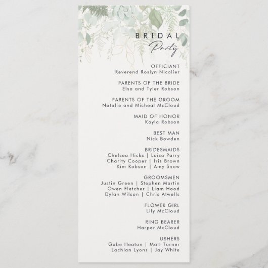 Grünpflanzen und Goldleaf | Dark Navy Hochzeitspro Programm (Rückseite)