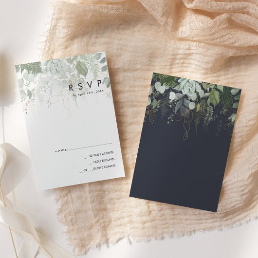 Grünpflanzen und Goldleaf | Dark Navy RSVP Card Karte