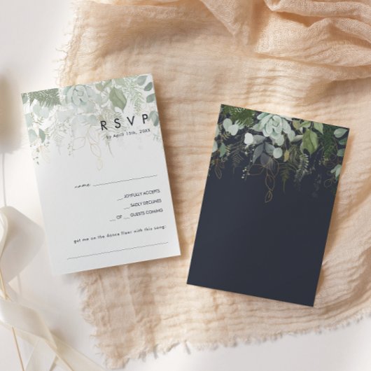 Grünpflanzen und Goldleaf | Dark Navy Song Request RSVP Karte