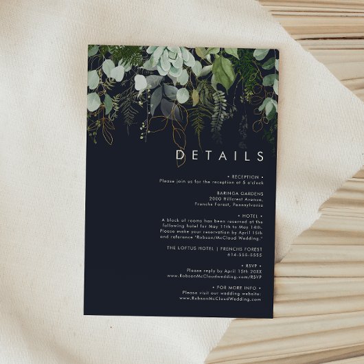 Grünpflanzen und Goldleaf | Dunkle Marinedetails Begleitkarte