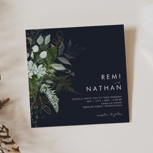 Grünpflanzen und Goldleaf | Dunkle Navy Square Wed Einladung