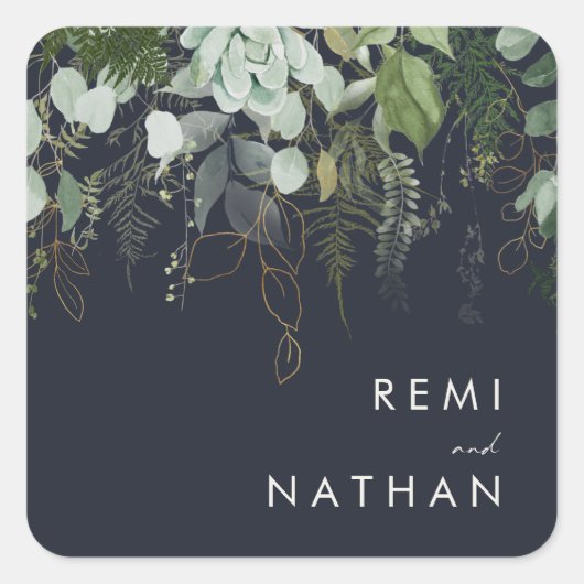 Grünpflanzen und Goldleaf | Dunkle Navy-Umschlag A Quadratischer Aufkleber (Vorderseite)