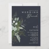 Grünpflanzen und Goldleaf | Dunkler Marinebrässe Einladung (Vorderseite)